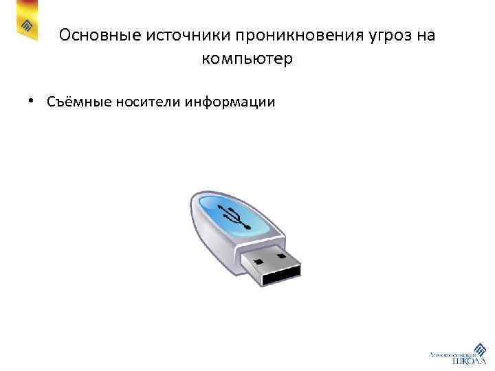 Основные источники проникновения угроз на компьютер • Съёмные носители информации 