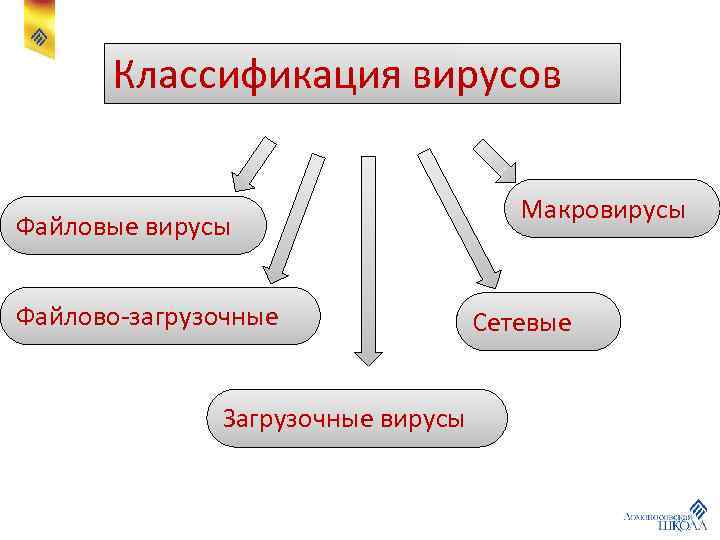 Классификация вирусов Файловые вирусы Файлово-загрузочные Загрузочные вирусы Макровирусы Сетевые 