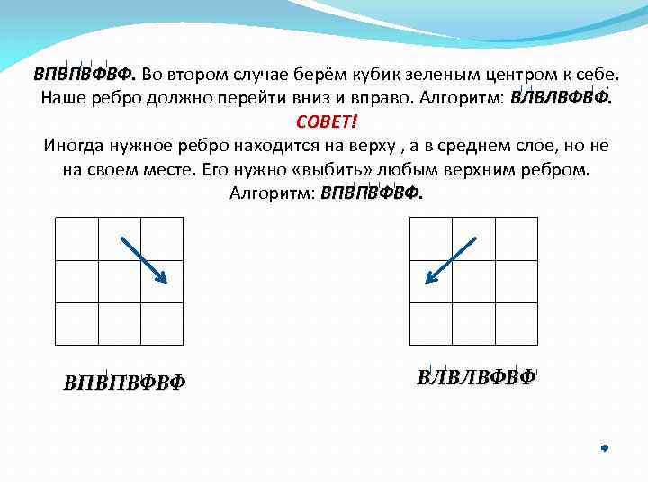 ВПВПВФВФ. Во втором случае берём кубик зеленым центром к себе. Наше ребро должно перейти