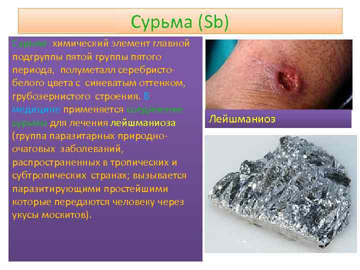 Сурьма (Sb) Сурьма- химический элемент главной подгруппы пятой группы пятого периода, полуметалл серебристобелого цвета