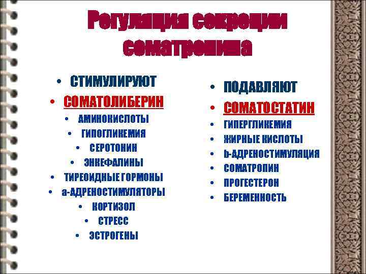 Регуляция секреции соматропина • СТИМУЛИРУЮТ • СОМАТОЛИБЕРИН • АМИНОКИСЛОТЫ • ГИПОГЛИКЕМИЯ • СЕРОТОНИН •