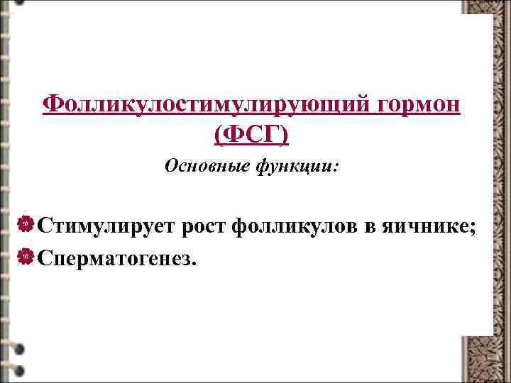Гормоны аденогипофиза Фолликулостимулирующий гормон (ФСГ) Основные функции: |Стимулирует рост фолликулов в яичнике; |Сперматогенез. 
