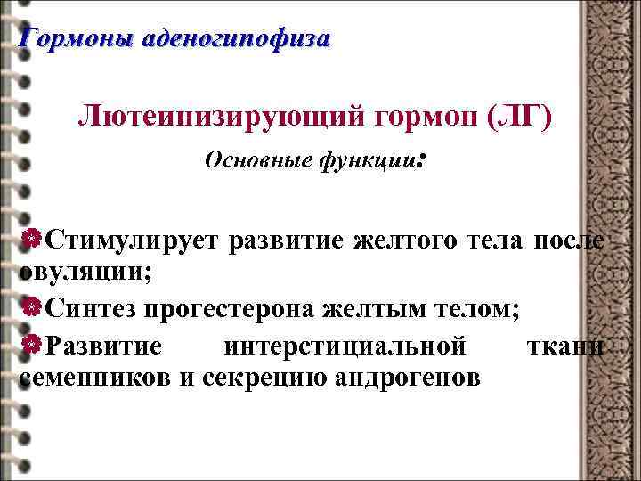 Гормоны аденогипофиза Лютеинизирующий гормон (ЛГ) Основные функции: |Стимулирует развитие желтого тела после овуляции; |Синтез