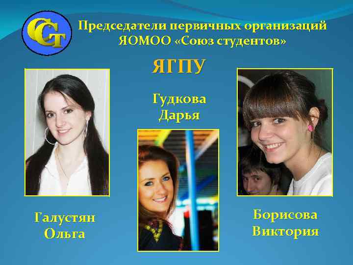 Председатели первичных организаций ЯОМОО «Союз студентов» ЯГПУ Гудкова Дарья Галустян Ольга Борисова Виктория 