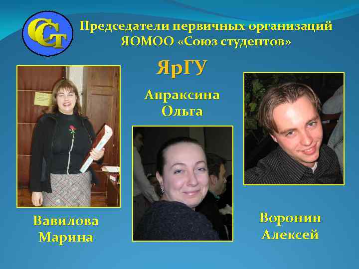 Председатели первичных организаций ЯОМОО «Союз студентов» Яр. ГУ Апраксина Ольга Вавилова Марина Воронин Алексей