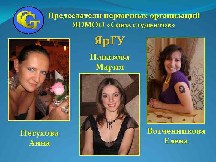 Председатели первичных организаций ЯОМОО «Союз студентов» Яр. ГУ Папазова Мария Петухова Анна Вотченникова Елена
