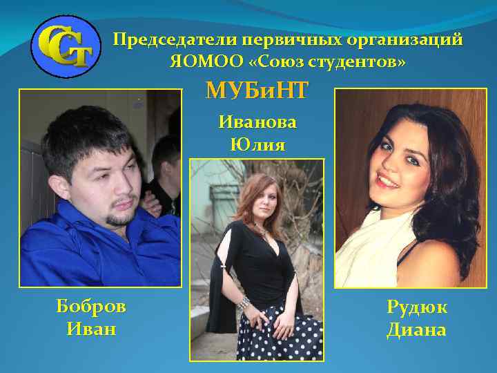 Председатели первичных организаций ЯОМОО «Союз студентов» МУБи. НТ Иванова Юлия Бобров Иван Рудюк Диана