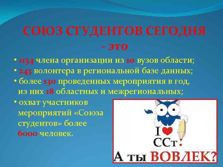 СОЮЗ СТУДЕНТОВ СЕГОДНЯ - это • 1134 члена организации из 10 вузов области; •