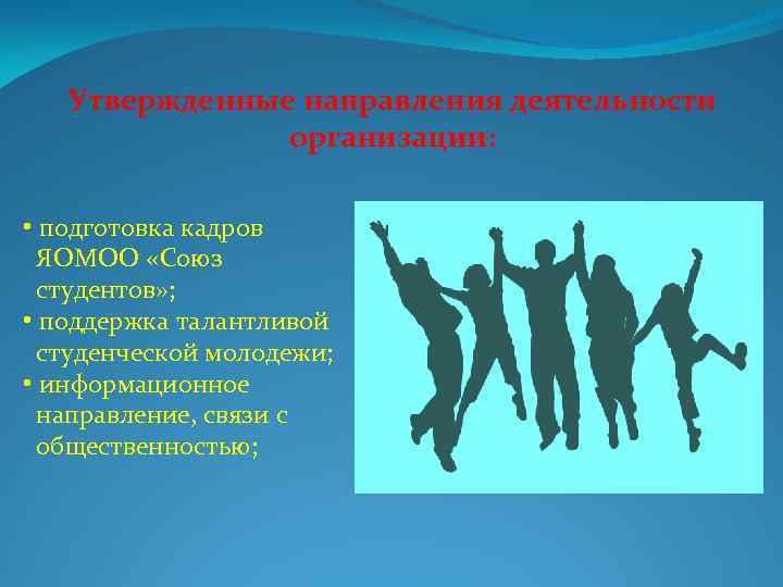 Утвержденные направления деятельности организации: • подготовка кадров ЯОМОО «Союз студентов» ; • поддержка талантливой