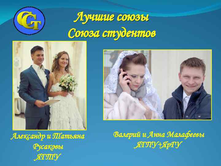 Лучшие союзы Союза студентов Александр и Татьяна Русаковы ЯГТУ Валерий и Анна Малафеевы ЯГПУ+Яр.