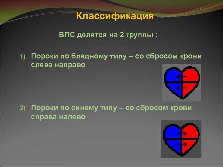 Классификация ВПС делятся на 2 группы : 1) Пороки по бледному типу – со