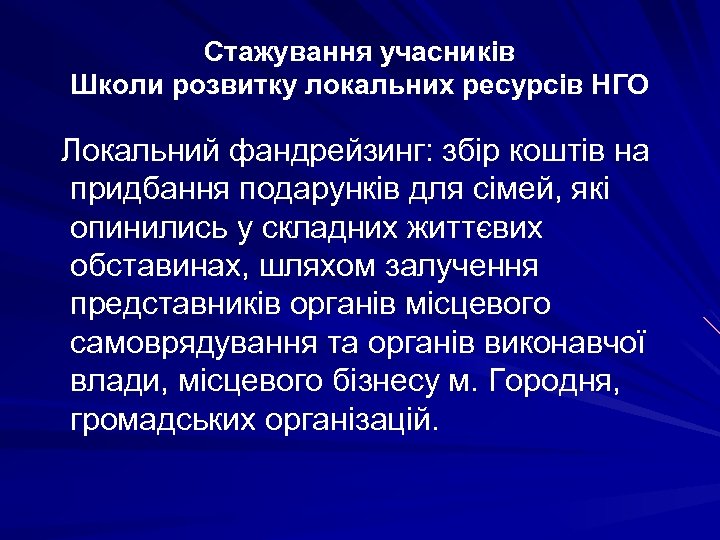 Стажування учасників Школи розвитку локальних ресурсів НГО Локальний фандрейзинг: збір коштів на придбання подарунків