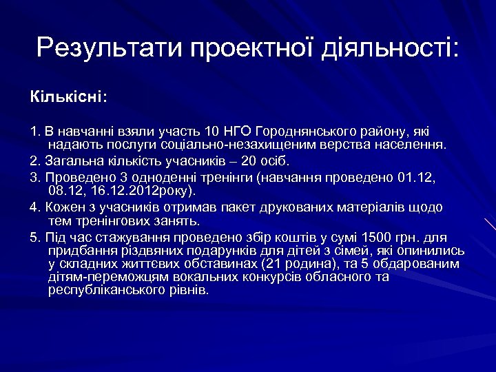 Результати проектної діяльності: Кількісні: 1. В навчанні взяли участь 10 НГО Городнянського району, які