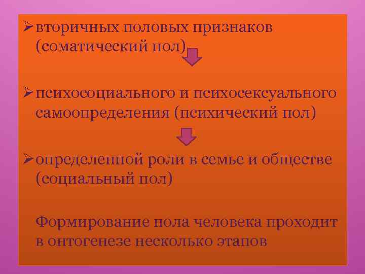 Ø вторичных половых признаков (соматический пол), Ø психосоциального и психосексуального самоопределения (психический пол) Ø