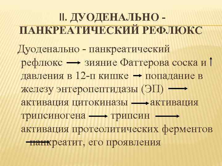 II. ДУОДЕНАЛЬНО ПАНКРЕАТИЧЕСКИЙ РЕФЛЮКС Дуоденально - панкреатический рефлюкс зияние Фаттерова соска и давления в