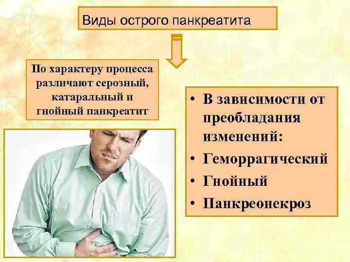 Виды острого панкреатита По характеру процесса различают серозный, катаральный и гнойный панкреатит • В