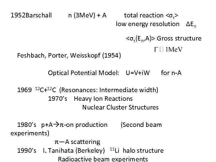 1952 Barschall n (3 Me. V) + A total reaction <σt> low energy resolution