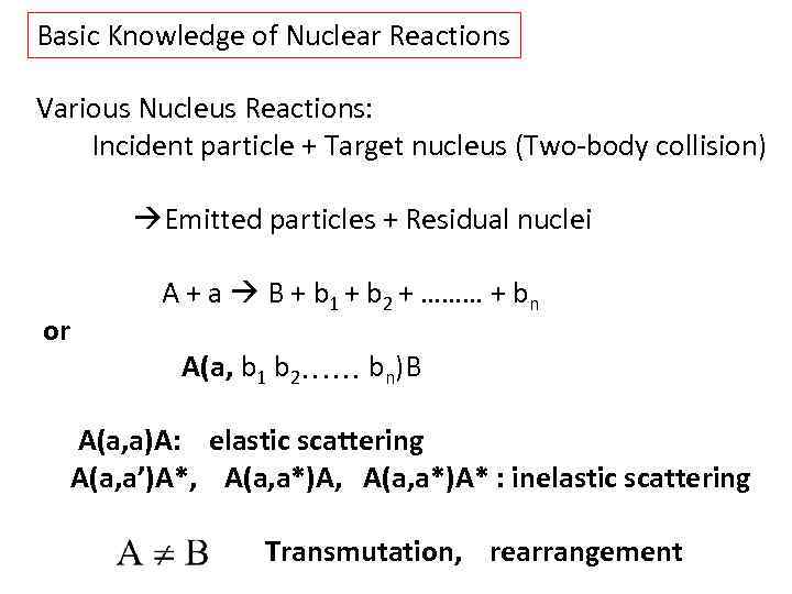 Basic Knowledge of Nuclear Reactions Various Nucleus Reactions: Incident particle + Target nucleus (Two-body