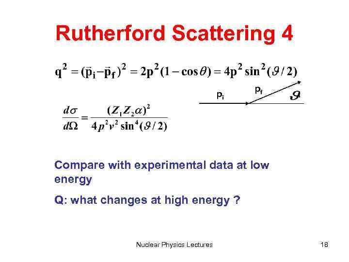 Rutherford Scattering 4 pi pf Compare with experimental data at low energy Q: what
