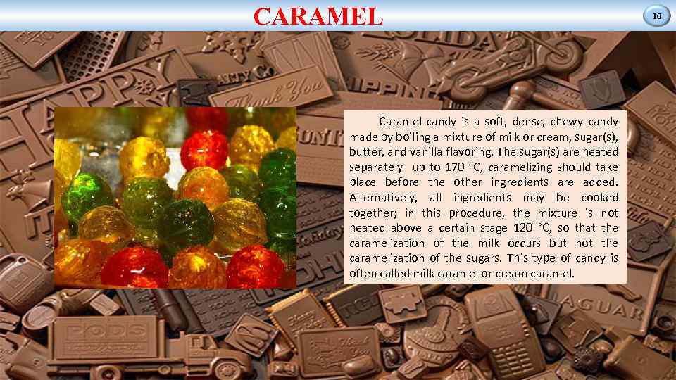 CARAMEL Caramel candy is a soft, dense, chewy candy made by boiling a mixture