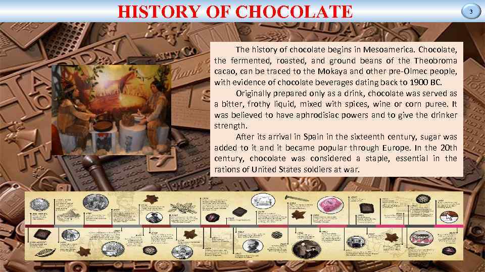 HISTORY OF CHOCOLATE The history of chocolate begins in Mesoamerica. Chocolate, the fermented, roasted,