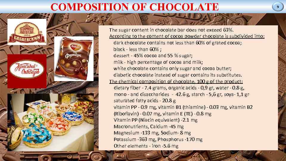 COMPOSITION OF CHOCOLATE The sugar content in chocolate bar does not exceed 63%. According