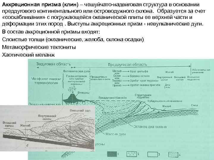 Аккреционная призма (клин) – чешуйчато-надвиговая структура в основании преддугового континентального или островодужного склона. Образуется