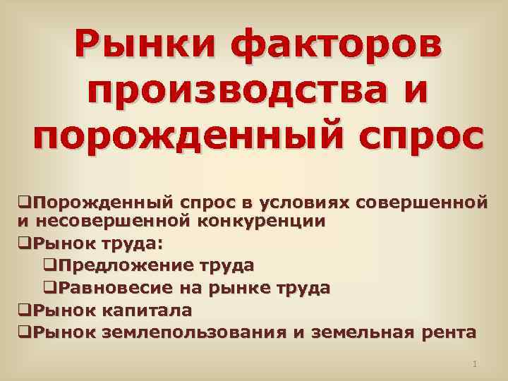 Рынки факторов производства и порожденный спрос q. Порожденный спрос в условиях совершенной и несовершенной