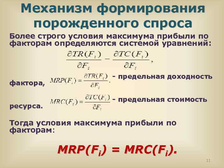 Механизм формирования порожденного спроса Более строго условия максимума прибыли по факторам определяются системой уравнений: