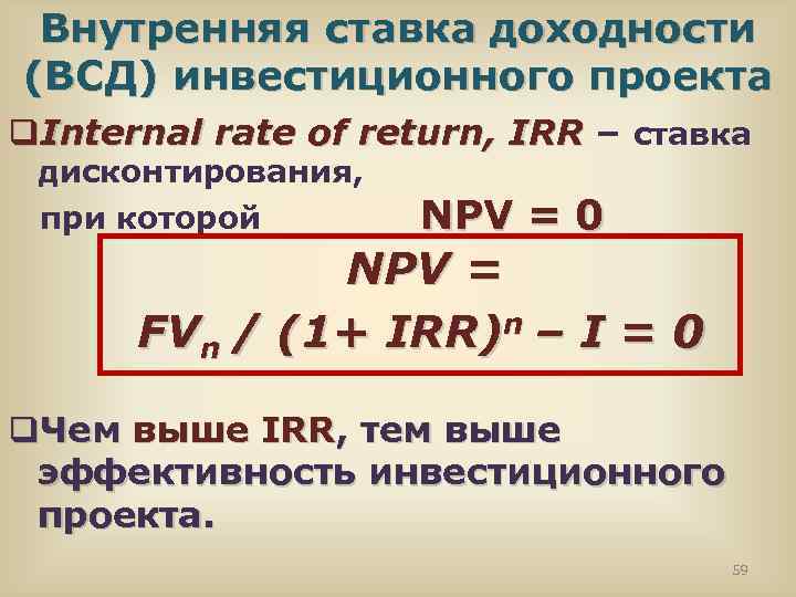 Внутренняя ставка доходности (ВСД) инвестиционного проекта q. Internal rate of return, IRR – ставка