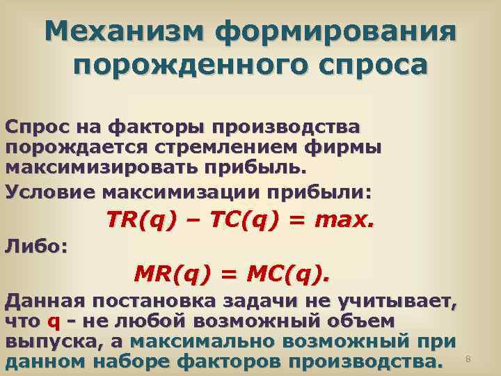Механизм формирования порожденного спроса Спрос на факторы производства порождается стремлением фирмы максимизировать прибыль. Условие