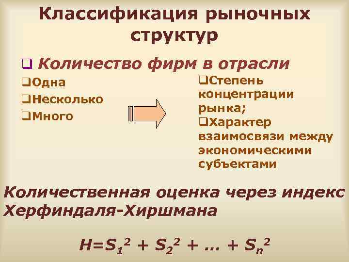 Классификация рыночных структур q Количество фирм в отрасли q. Одна q. Несколько q. Много