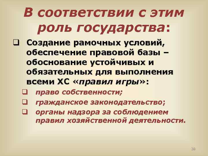 В соответствии с этим роль государства: q Создание рамочных условий, обеспечение правовой базы –