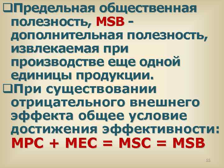 q. Предельная общественная полезность, MSB - дополнительная полезность, извлекаемая при производстве еще одной единицы