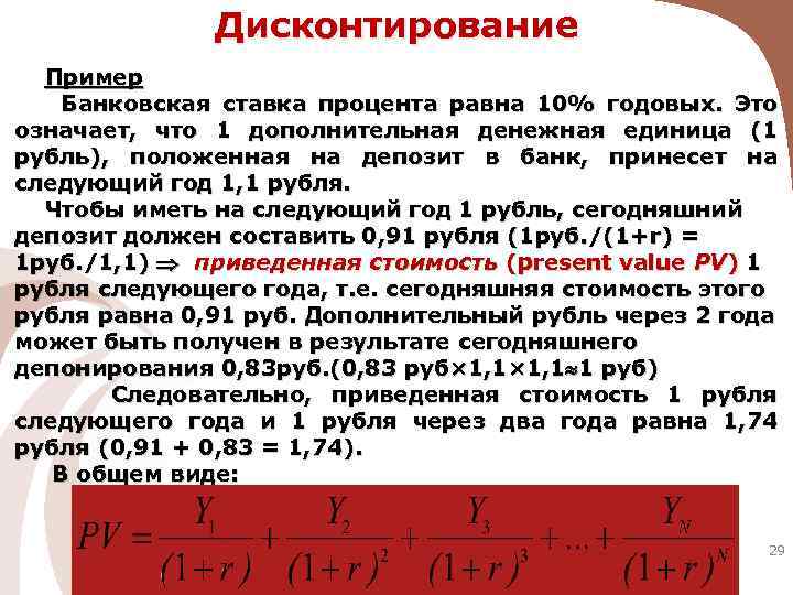 Дисконтирование Пример Банковская ставка процента равна 10% годовых. Это означает, что 1 дополнительная денежная