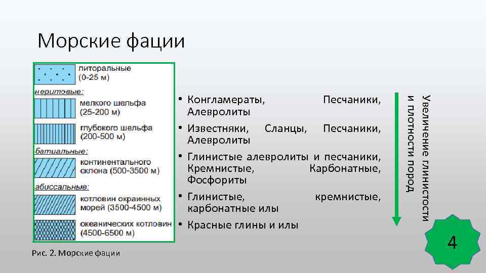 Морские фации Рис. 2. Морские фации Увеличение глинистости и плотности пород • Конгламераты, Песчаники,