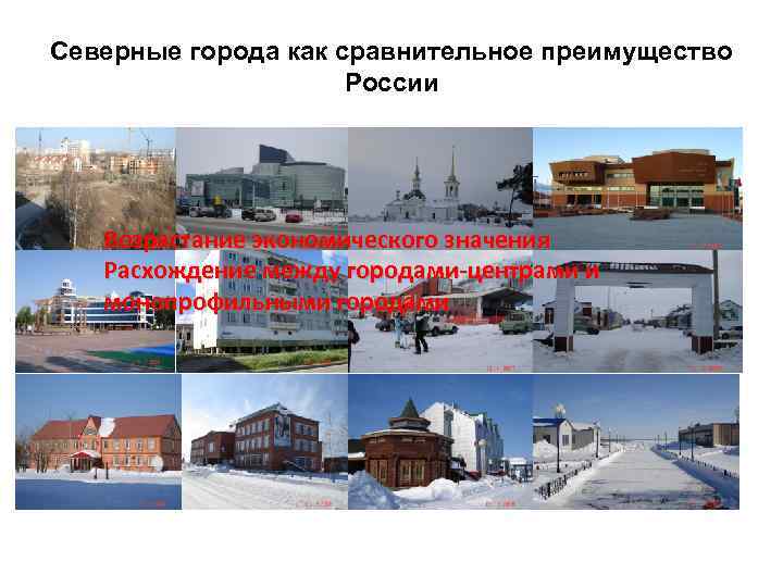 Северные города как сравнительное преимущество России Возрастание экономического значения Расхождение между городами-центрами и монопрофильными