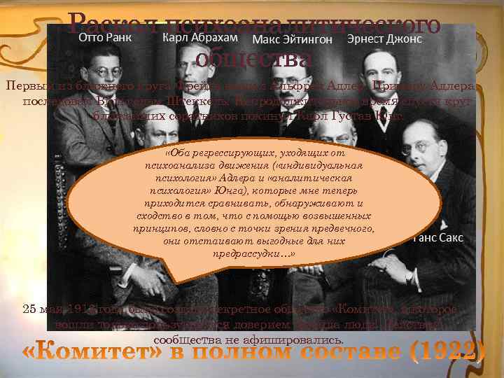 Раскол психоаналитического общества Первым из ближнего круга Фрейда вышел Альфред Адлер. Примеру Адлера последовал