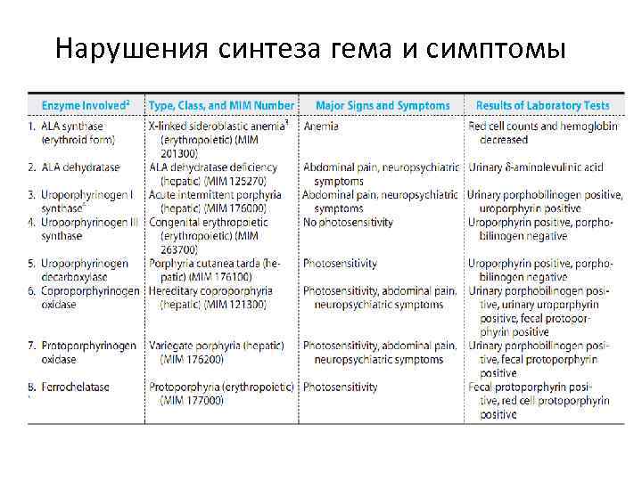 Нарушения синтеза гема и симптомы 