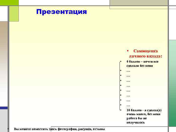 Презентация • • • Вы можете поместить здесь фотографии, рисунки, отзывы Самооценка личного вклада: