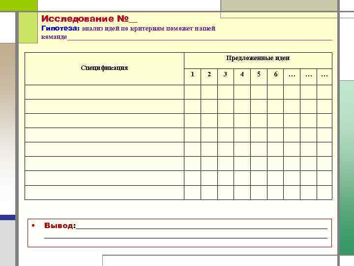 Исследование №__ Гипотеза: анализ идей по критериям поможет нашей команде_______________________________________ Предложенные идеи Спецификация •