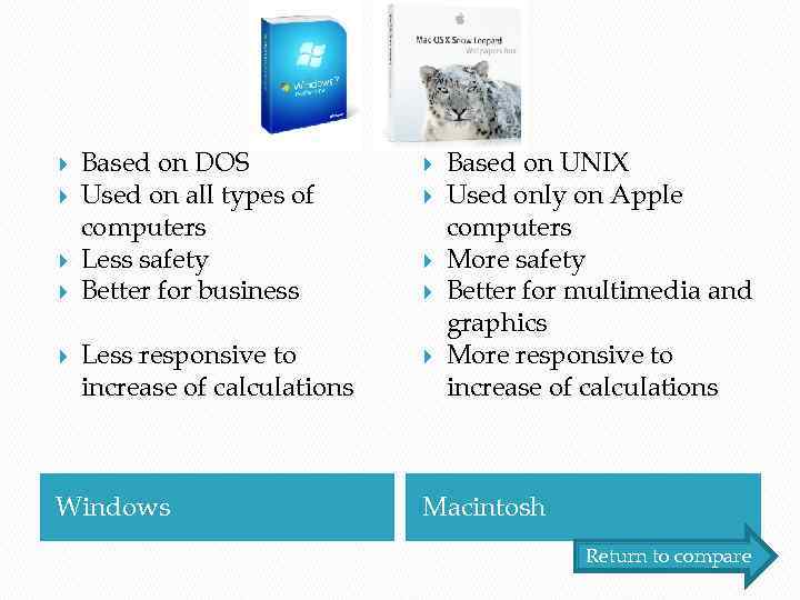  Based on DOS Used on all types of computers Less safety Better for