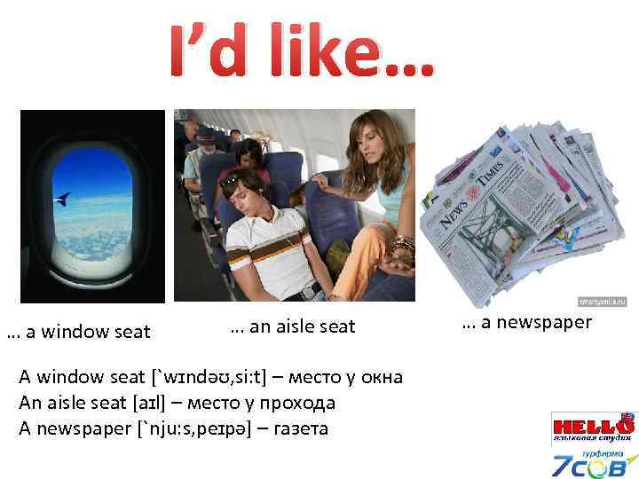 I’d like… … a window seat … an aisle seat A window seat [`wɪndəʊ,