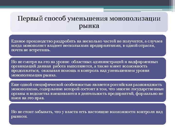 Первый способ уменьшения монополизации рынка Единое производство раздробить на несколько частей не получится, а