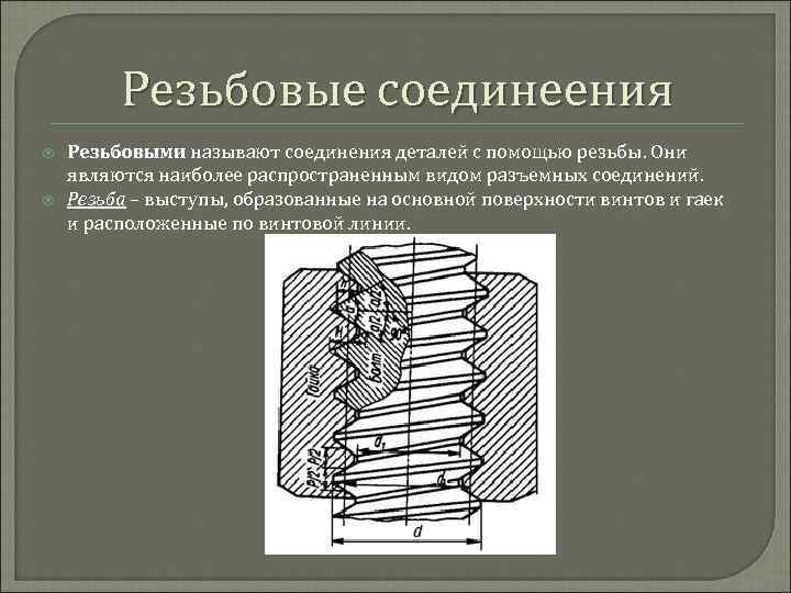 Резьбовые соединеения Резьбовыми называют соединения деталей с помощью резьбы. Они являются наиболее распространенным видом