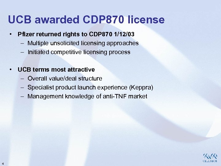 UCB awarded CDP 870 license • Pfizer returned rights to CDP 870 1/12/03 –