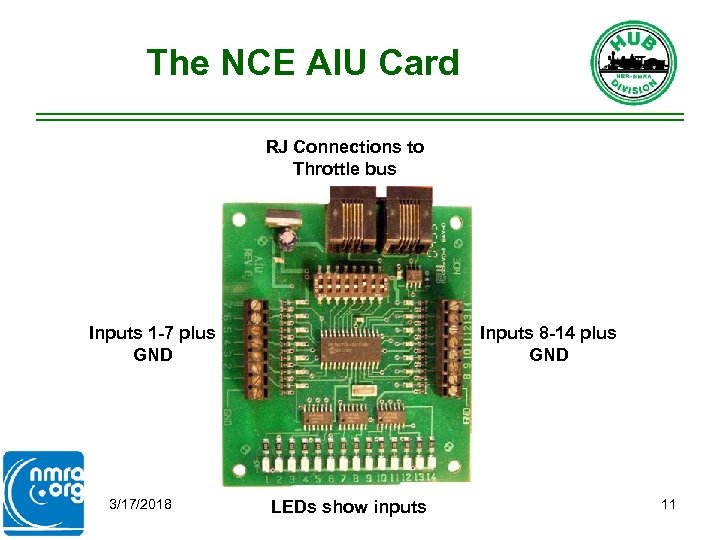 The NCE AIU Card RJ Connections to Throttle bus Inputs 1 -7 plus GND