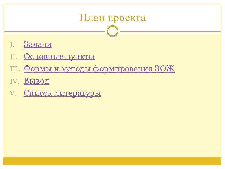 План проекта I. III. IV. V. Задачи Основные пункты Формы и методы формирования ЗОЖ