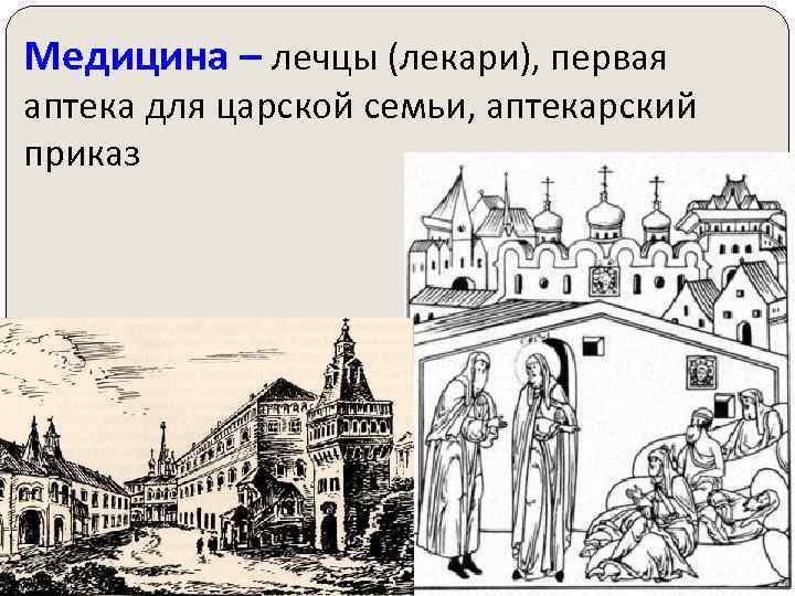 Медицина – лечцы (лекари), первая аптека для царской семьи, аптекарский приказ 