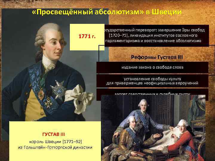  «Просвещённый абсолютизм» в Швеции 1771 г. государственный переворот: завершение Эры свобод [1720– 71],